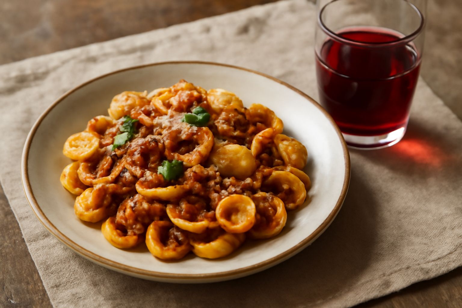 Calice di vino rosso chiaro con riflessi granata, accanto a una bottiglia di Ruchè su tavolo di legno scuro con grappoli d'uva nera e foglie verdi sullo sfondo