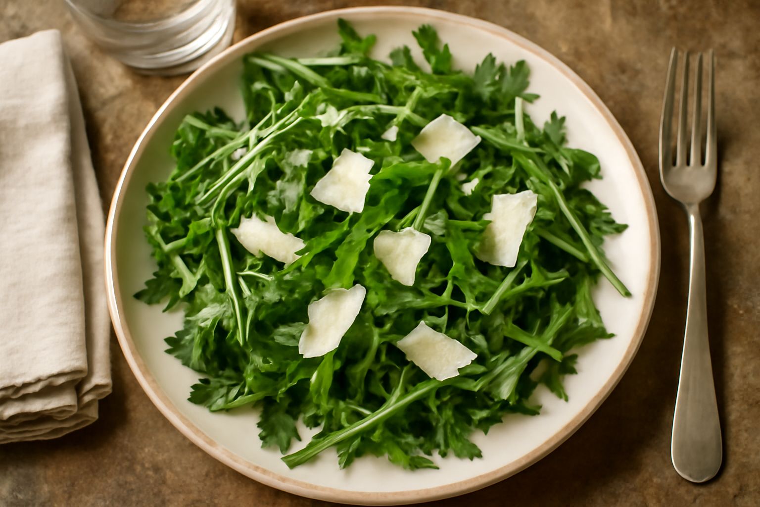 Insalata di rucola verde scuro con scaglie di parmigiano bianche, gocce di olio d'oliva e una fetta di limone giallo nel piatto bianco