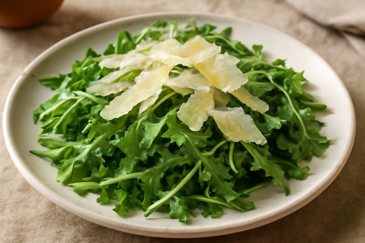 Piatto bianco con rucola verde brillante, scaglie di parmigiano giallo pallido e gocce di olio dorato, limone fresco sullo sfondo