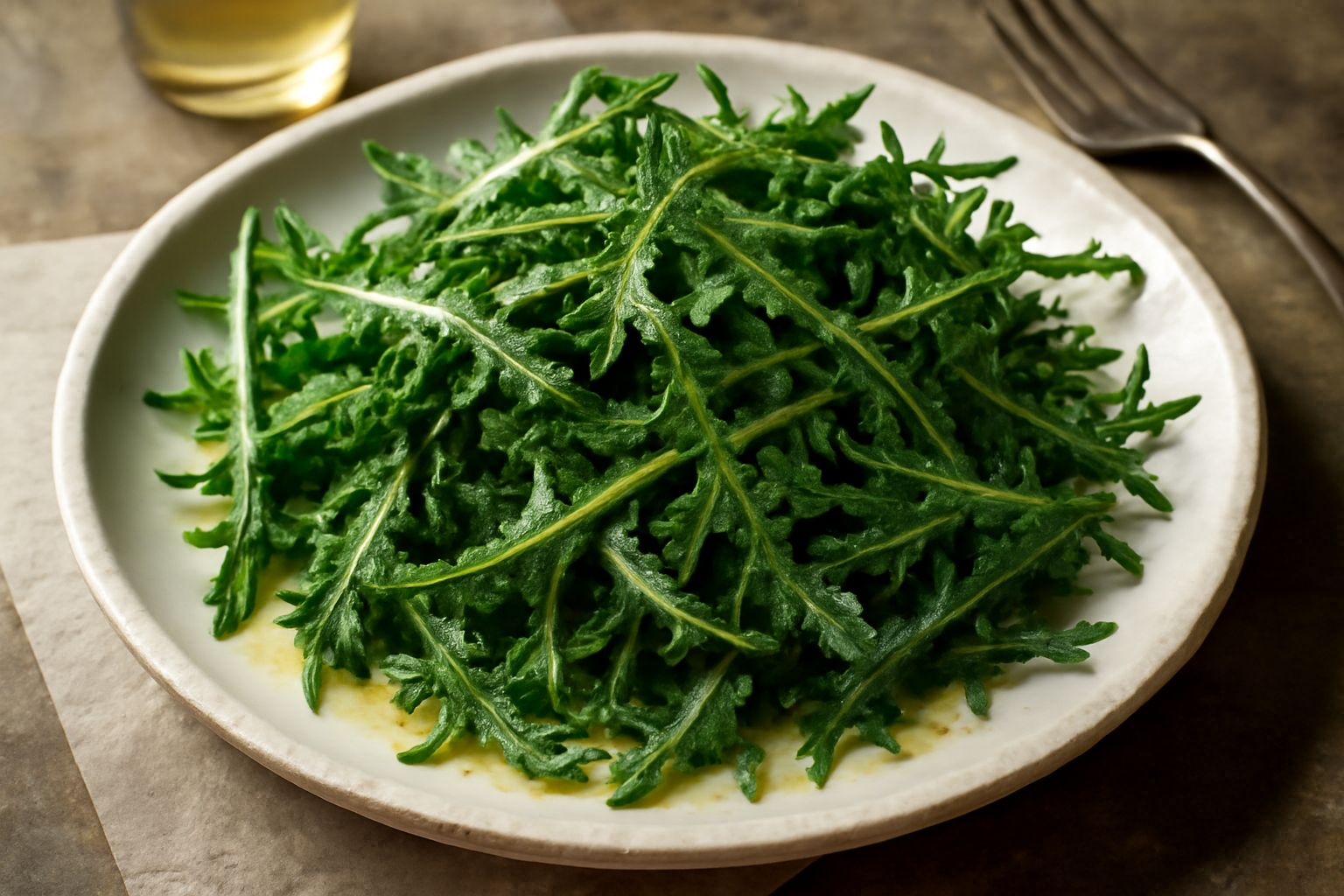 Piatto bianco con foglie di rucola selvatica verde scuro e frastagliate, condite con gocce di olio dorato e spruzzi di limone fresco, su fondo di legno naturale