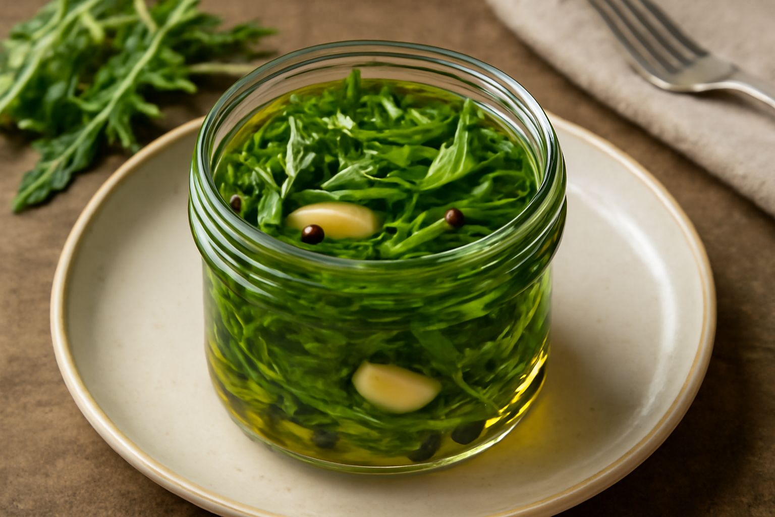 Vasetto di vetro con rucola verde croccante immersa in olio trasparente dorato, aglio e pepe visibili tra le foglie, ripresa da vicino su tavolo rustico