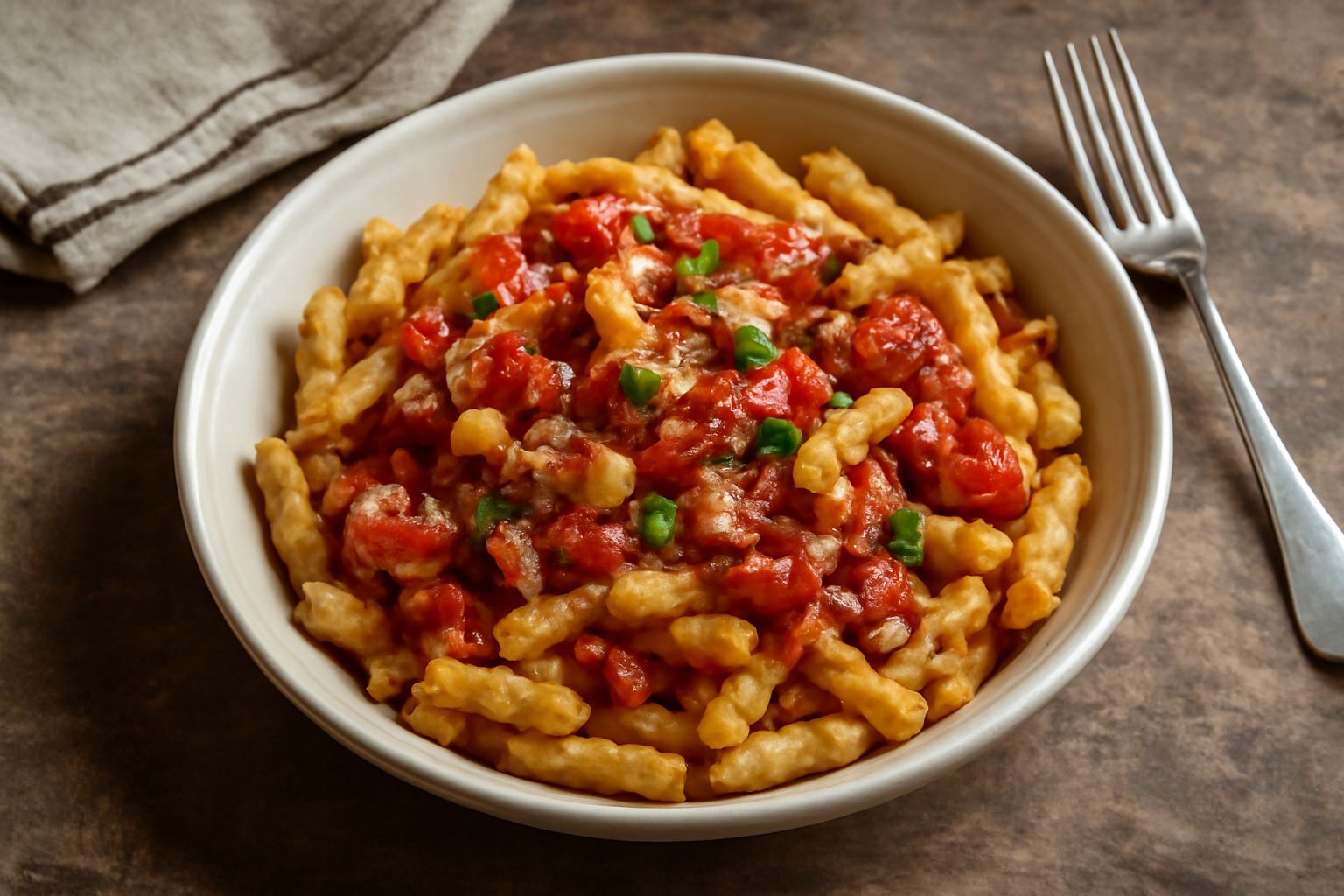 Piatto di rustichella d'Abruzzo cotta al dente, condita con sugo di pomodoro e basilico fresco, servita in ciotola bianca con cucchiaio di legno