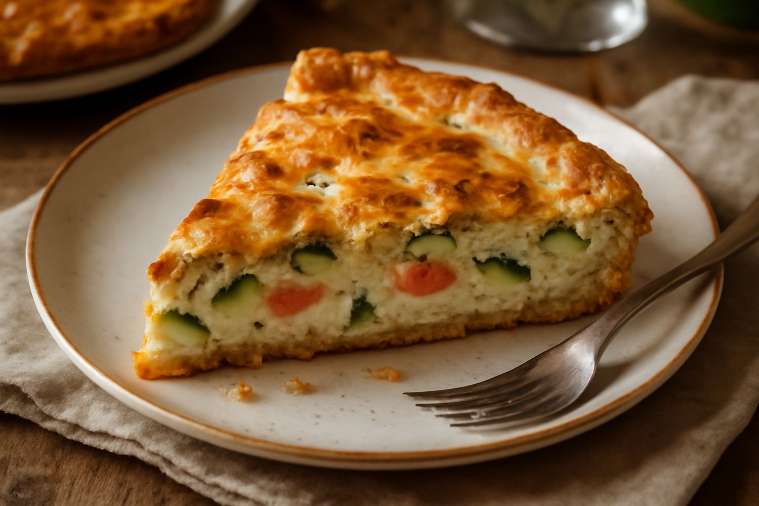Torta rustica dorata e croccante su un piatto bianco, tagliata a fette, ripiena di zucchine verdi, pomodori rossi e ricotta bianca, con formaggio grattugiato visibile in superficie