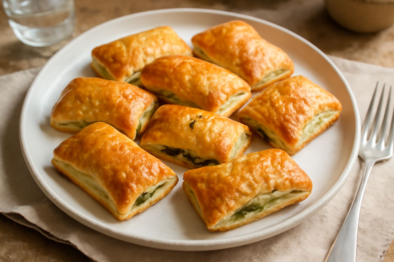 Rustici di pasta sfoglia dorati e croccanti disposti su un piatto bianco, con superficie di pasta sfoglia laminata, ripieni di verdure e formaggio, vapore appena fuoriuscito
