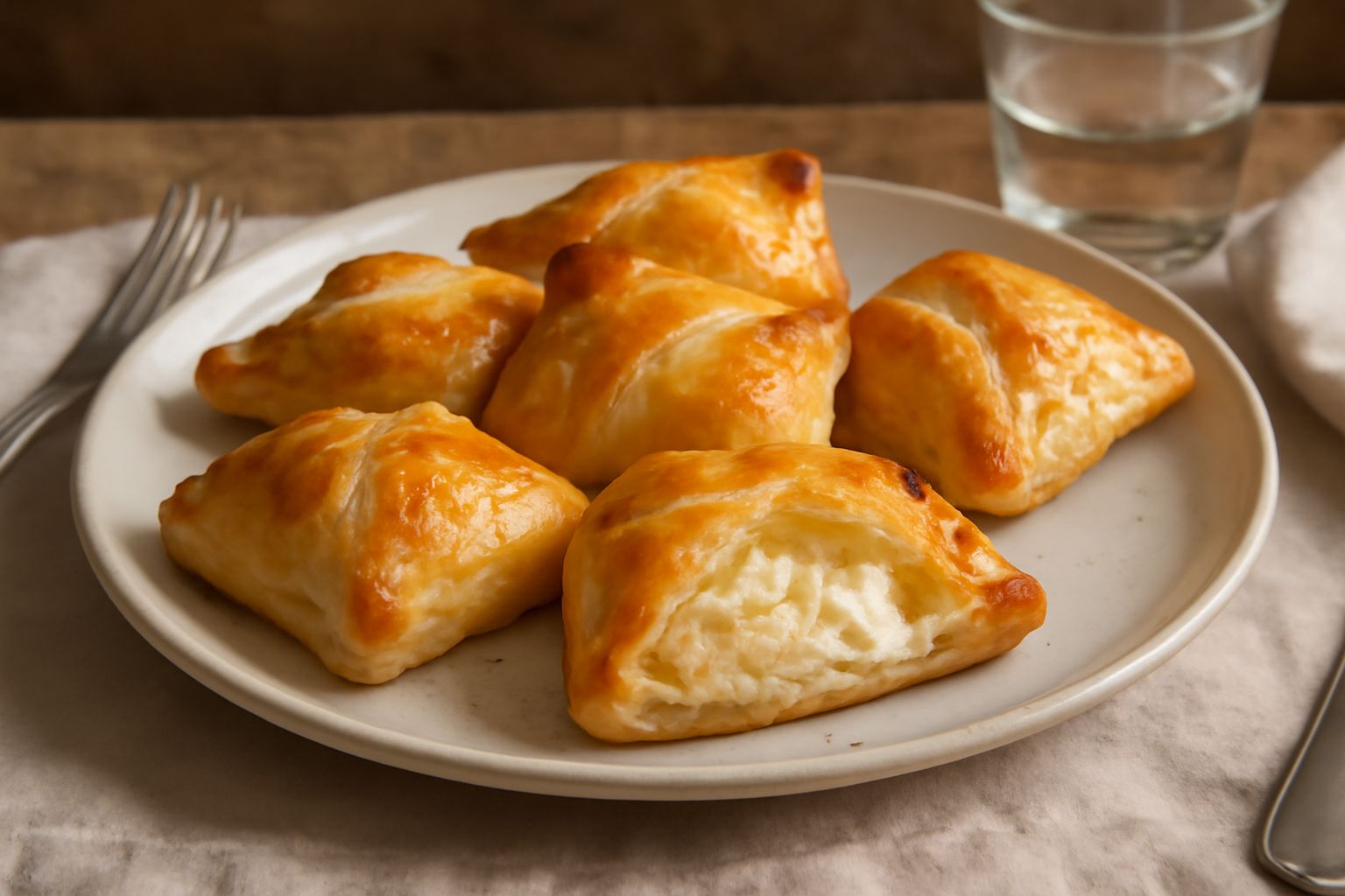 Tre rustici di ricotta dorati e croccanti, disposti su un piatto bianco. La pasta sfoglia è ben rosolata, il ripieno visibile dall'interno è cremoso e chiaro, con puntini di parmigiano grattugiato.