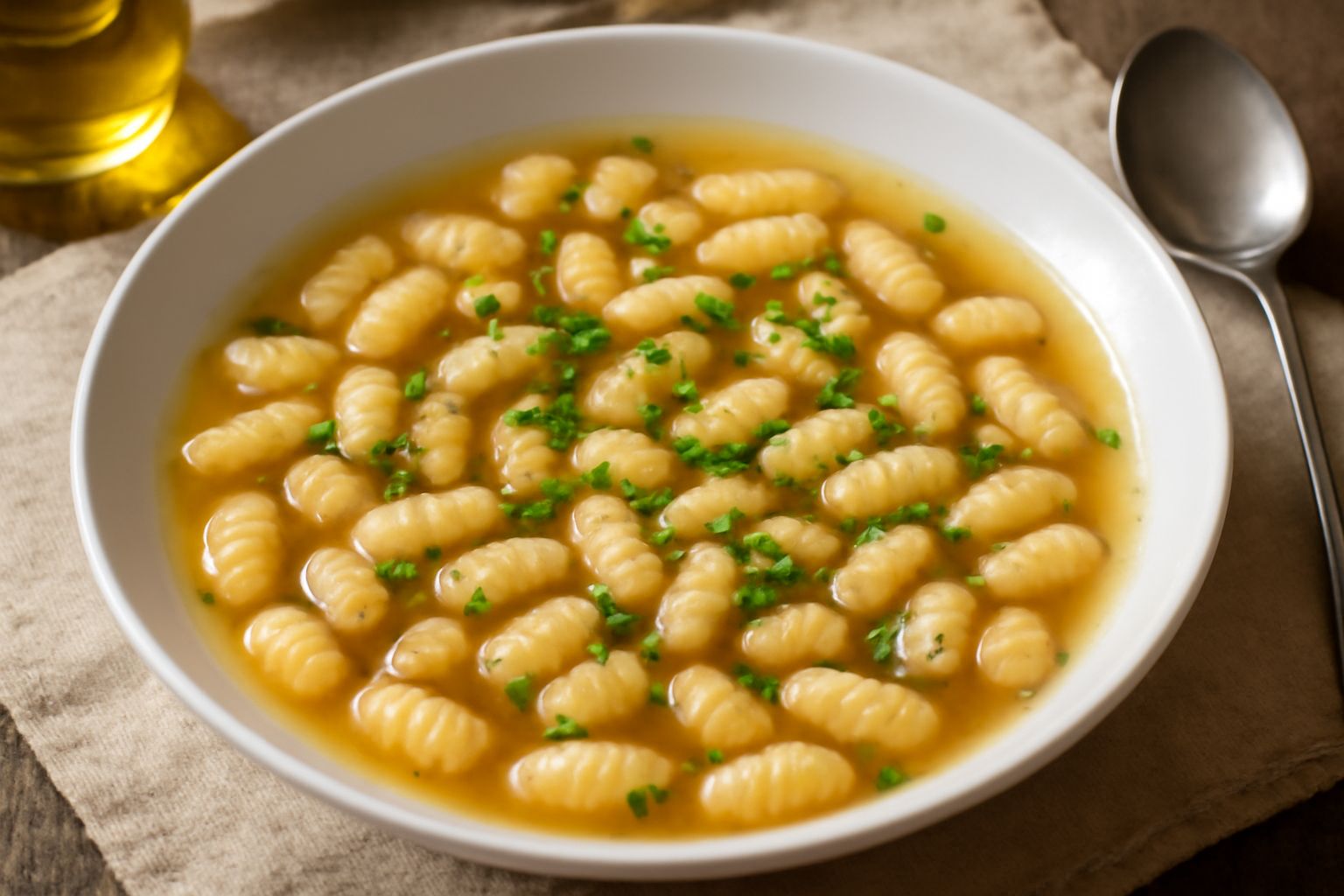 Ciotola di ceramica bianca contenente «sa malloreddus» in brodo caldo: gnocchetti di pasta di semola beige chiaro, tondeggianti, pieni di formaggio, immersi in brodo trasparente dorato con tracce di p
