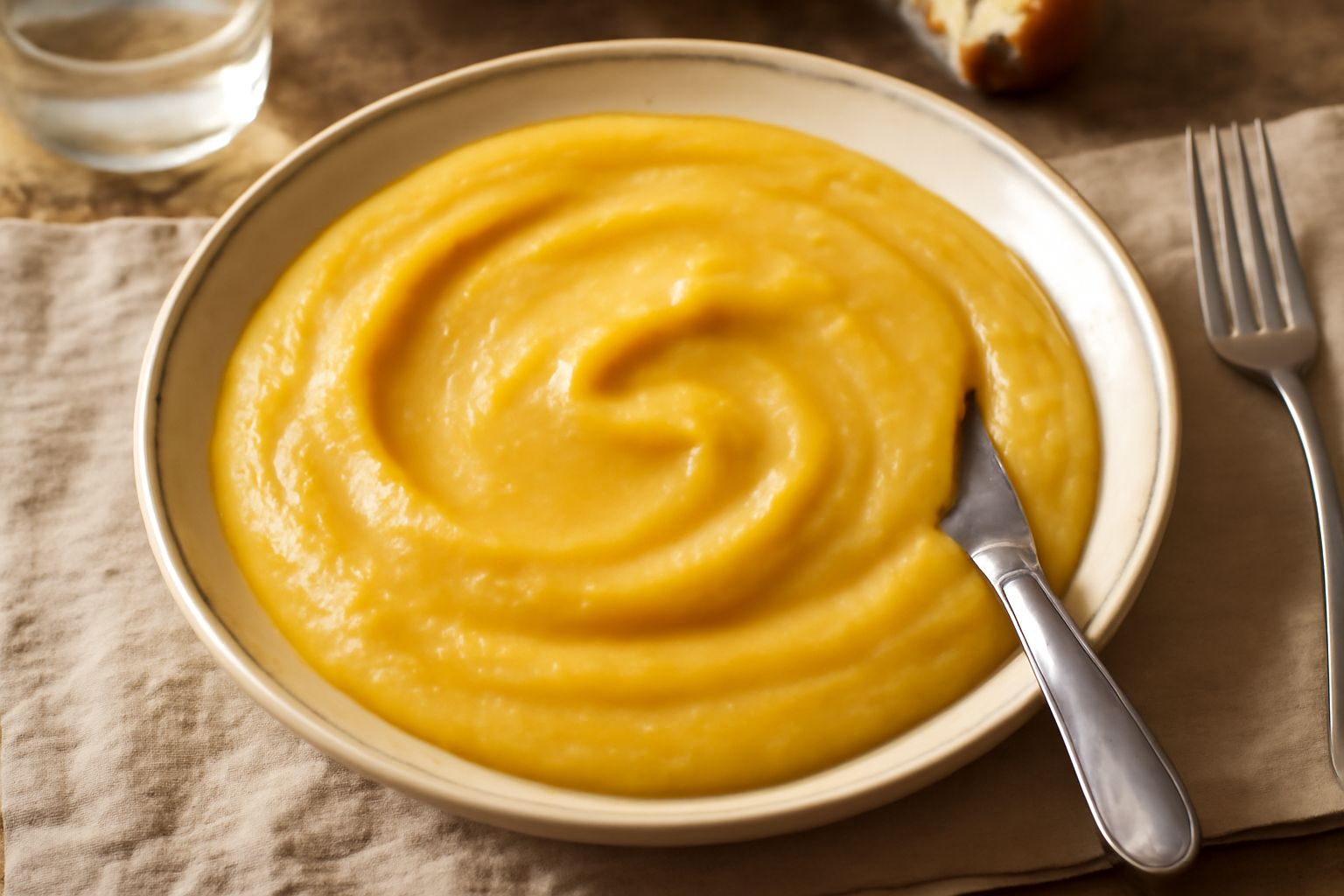 Sa mantega dorata e cremosa appena preparata in una ciotola bianca di porcellana, con superficie liscia e lucida, accompagnata da pane carasau e un cucchiaio di legno
