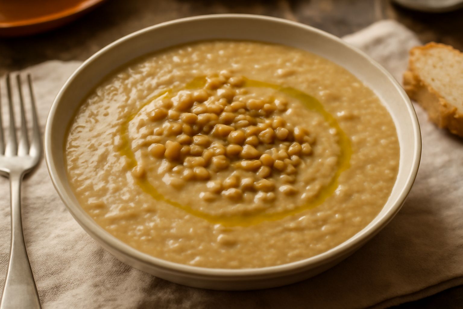 Ciotola di ceramica bianca con minestra di grano color beige dorato, chicchi gonfi visibili in brodo denso, accompagnati da verdure morbide e filo d'olio verde in superficie