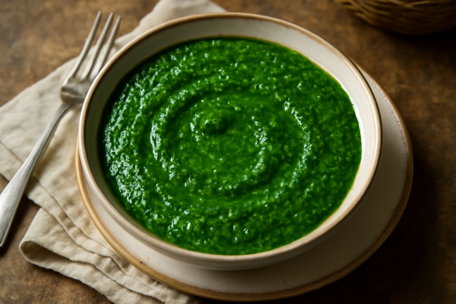 Una ciotola in ceramica bianca contiene una salsa verde intenso fatta di erbe tritate finissime, con gocce di olio che brillano in superficie. Accanto, erbe fresche di prezzemolo e menta ancora con le
