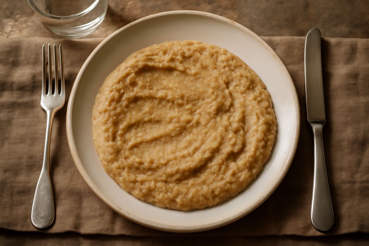 Salsa densa di colore marrone chiaro in una ciotola di terracotta, servita con pezzi di pane carasau accanto e rametti di prezzemolo fresco, su sfondo di legno rustico