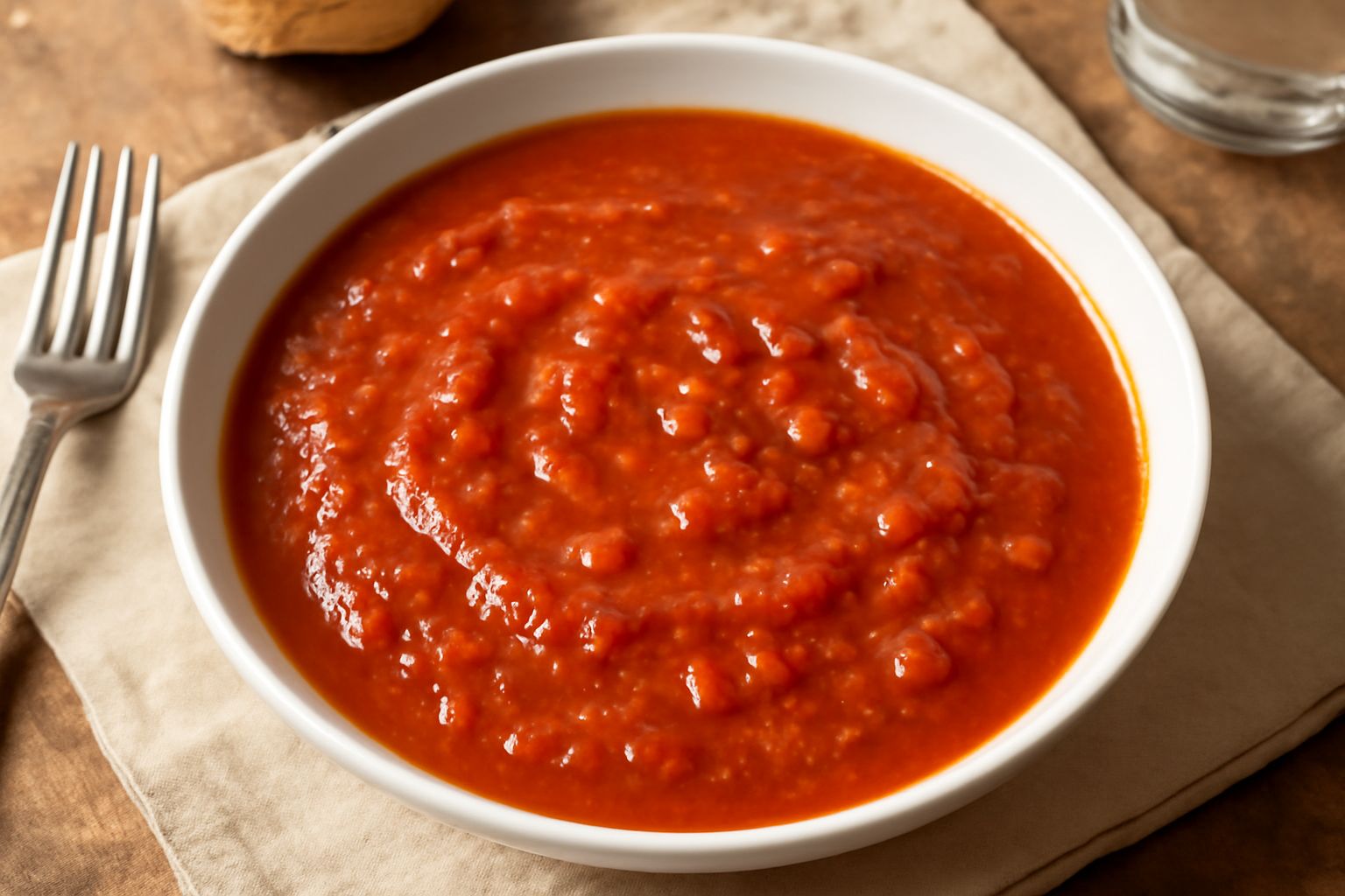 Salsa sarda «pani torradu» rosso-bruna in ciotola di ceramica bianca, con sfumature dorate dall'acqua caramellata, guarnita da filo di olio e due foglie di basilico fresco