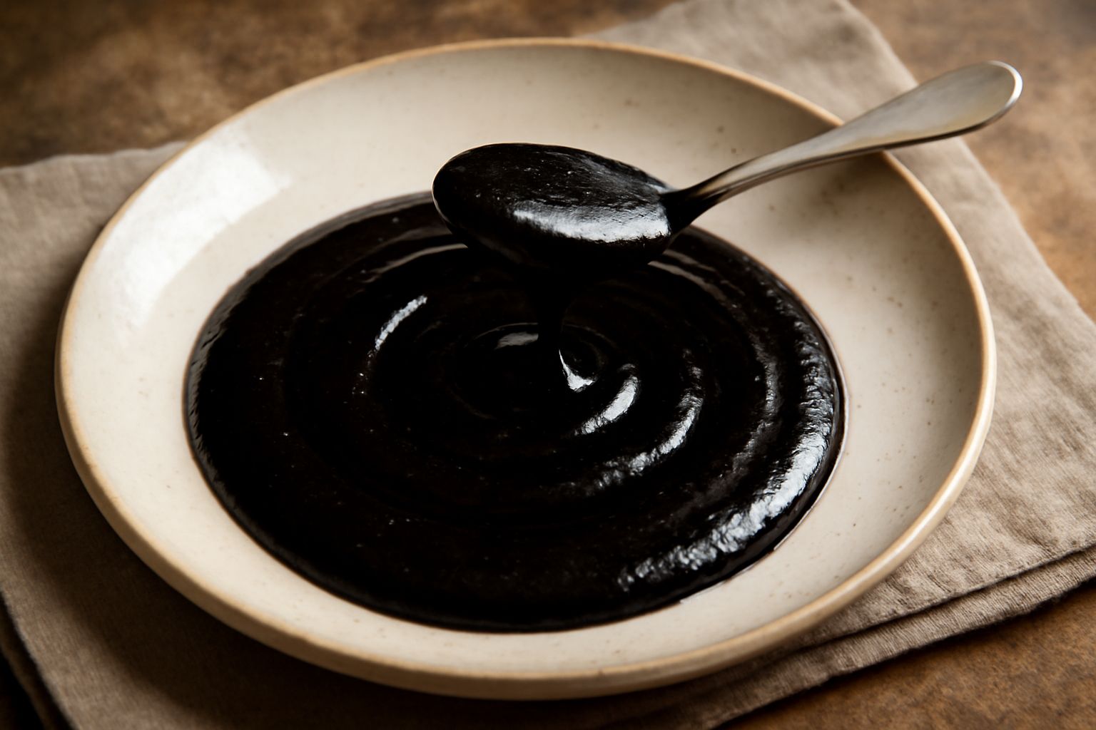 Saba di fichi densa e scura in una ciotola di ceramica bianca, con cucchiaio di legno, fichi freschi violetti interi accanto e una bottiglia di vetro di saba sullo sfondo