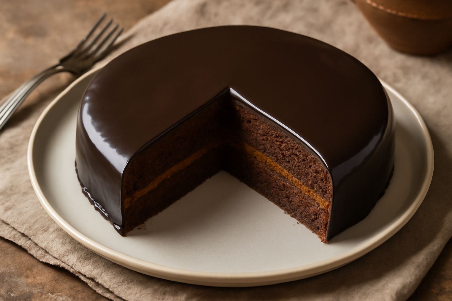 Sacher torte goriziana affettata su piatto bianco, spicchio che mostra il cioccolato scuro lucido in superficie, strato interno di marmellata rosso arancio e impasto biondo, decorazione opzionale con 