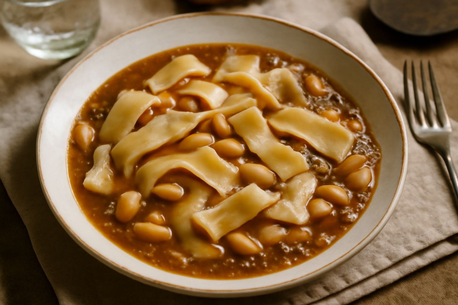 Piatto fondo bianco con sagne e fagioli: pasta larga beige ondulata immersa in brodo cremoso marrone, fagioli bianchi visibili, goccia d'olio d'oliva in superficie, cucchiaio di legno appoggiato sul b