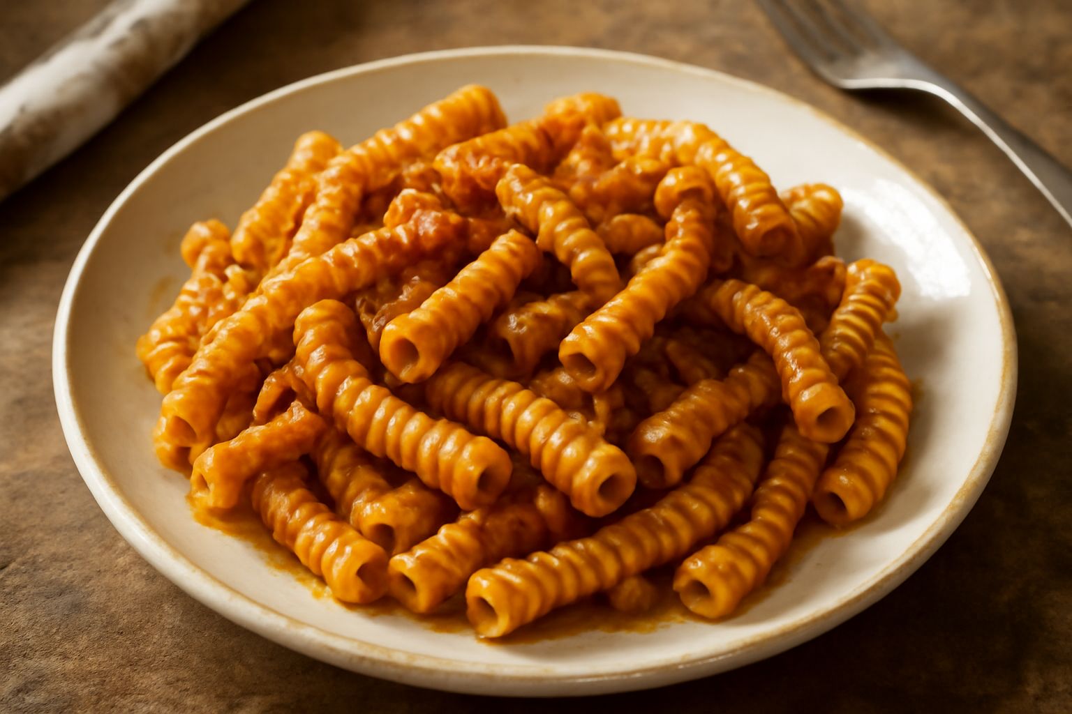 Sagne incannulate color ambra disposte in un piatto bianco, ondulate e scanalate, con solchi profondi che creano ombre, accompagnate da ragù di carne rosso brunastro e grana grattato