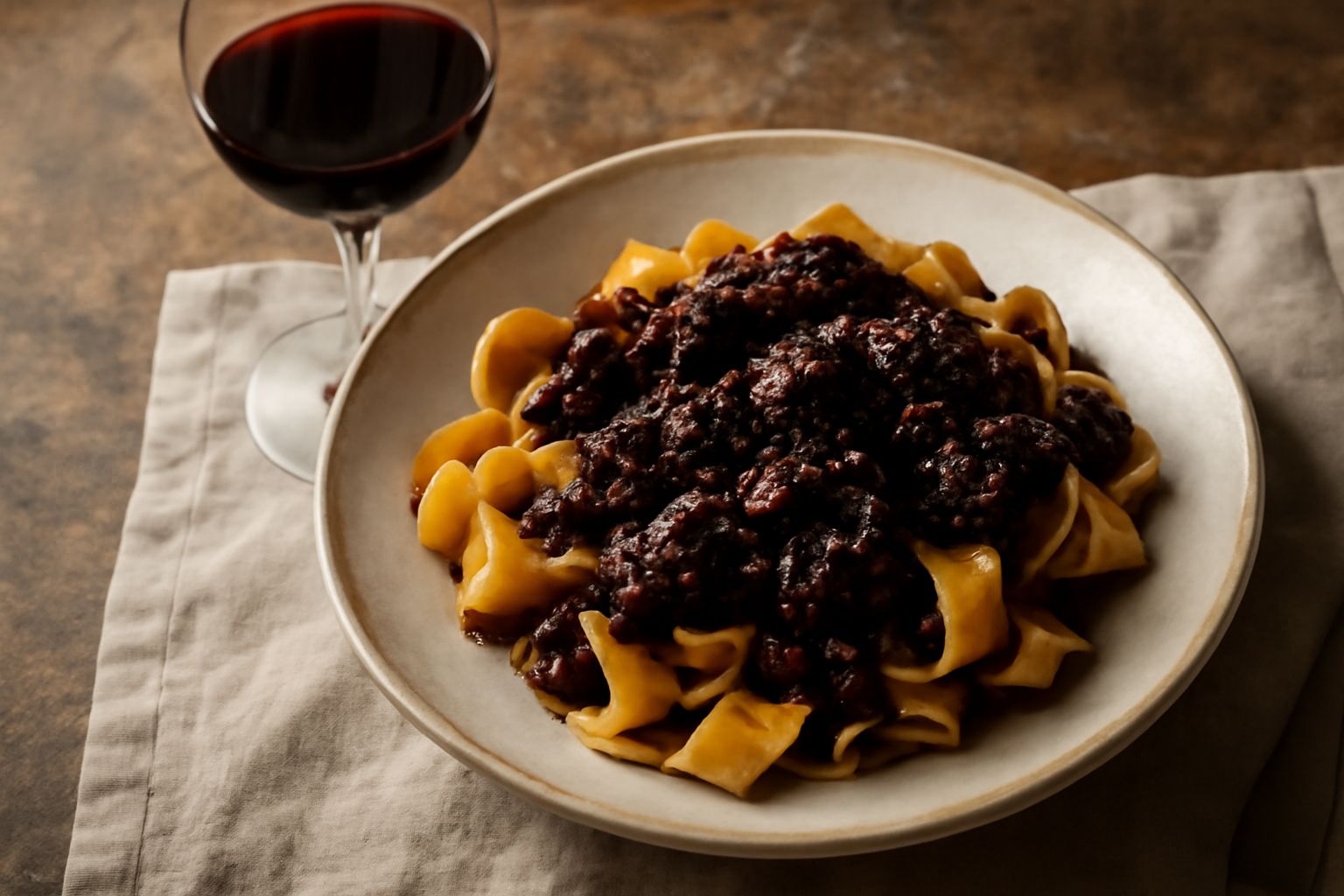 Bicchiere di vetro trasparente con Sagrantino di Montefalco di colore rosso rubino scuro, accanto a una bottiglia con etichetta scura e un piatto di pasta al cinghiale su sfondo di pietra grigia
