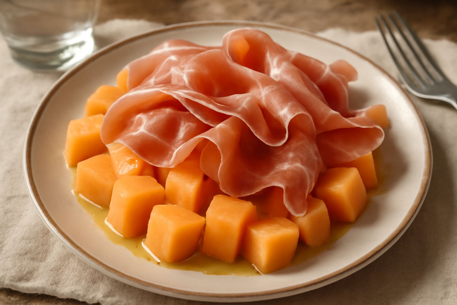 Piatto bianco con dadini di melone giallo dorato alternati a lamelle di prosciutto rosa pallido, foglie di menta fresca verde, gocce di olio lucente e una spruzzata di pepe nero, guarnito con una fett