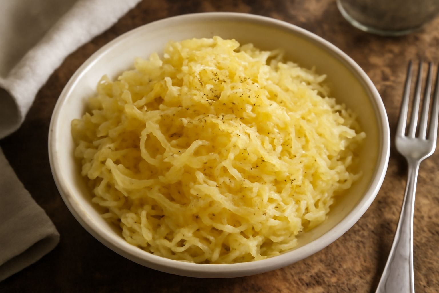 Insalata di crauti in ciotola bianca: cavolo tagliato fine di colore giallo-paglierino, lucido di olio, guarnito con semi di cumino scuri e uno spicchio di mela rossa affettato, su fondo bianco