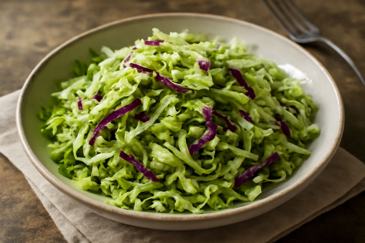 Insalata di verze affettate sottilmente in una ciotola bianca, con cavolo verde e rosso croccante, condita con olio lucido e una spruzzata di semi neri, pronta da servire