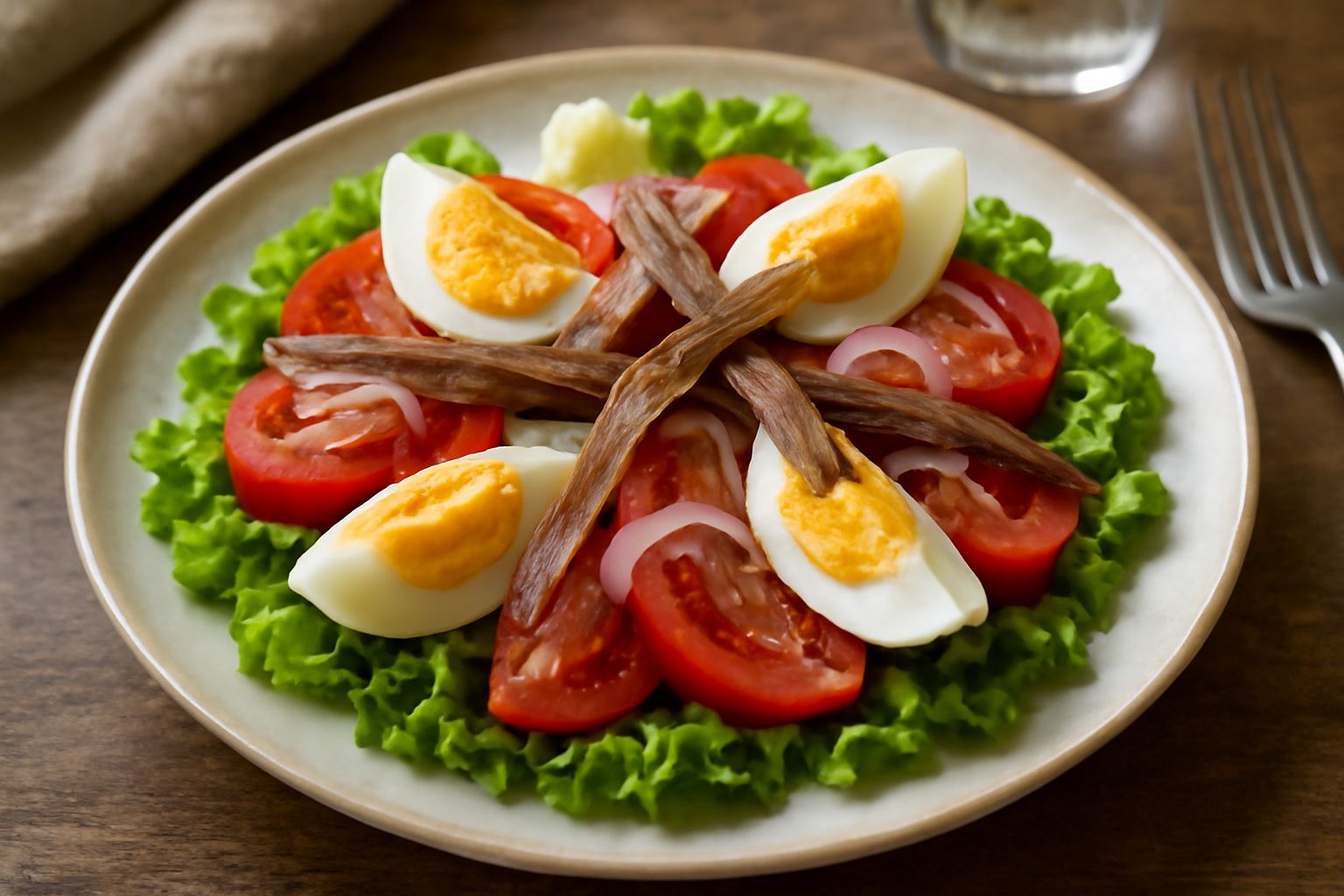 Insalata occitana Salad'ôc servita in piatto bianco con lattuga croccante, pomodori rossi, uova sode tagliate, acciughe scure, cipolla viola e condimento oleoso trasparente