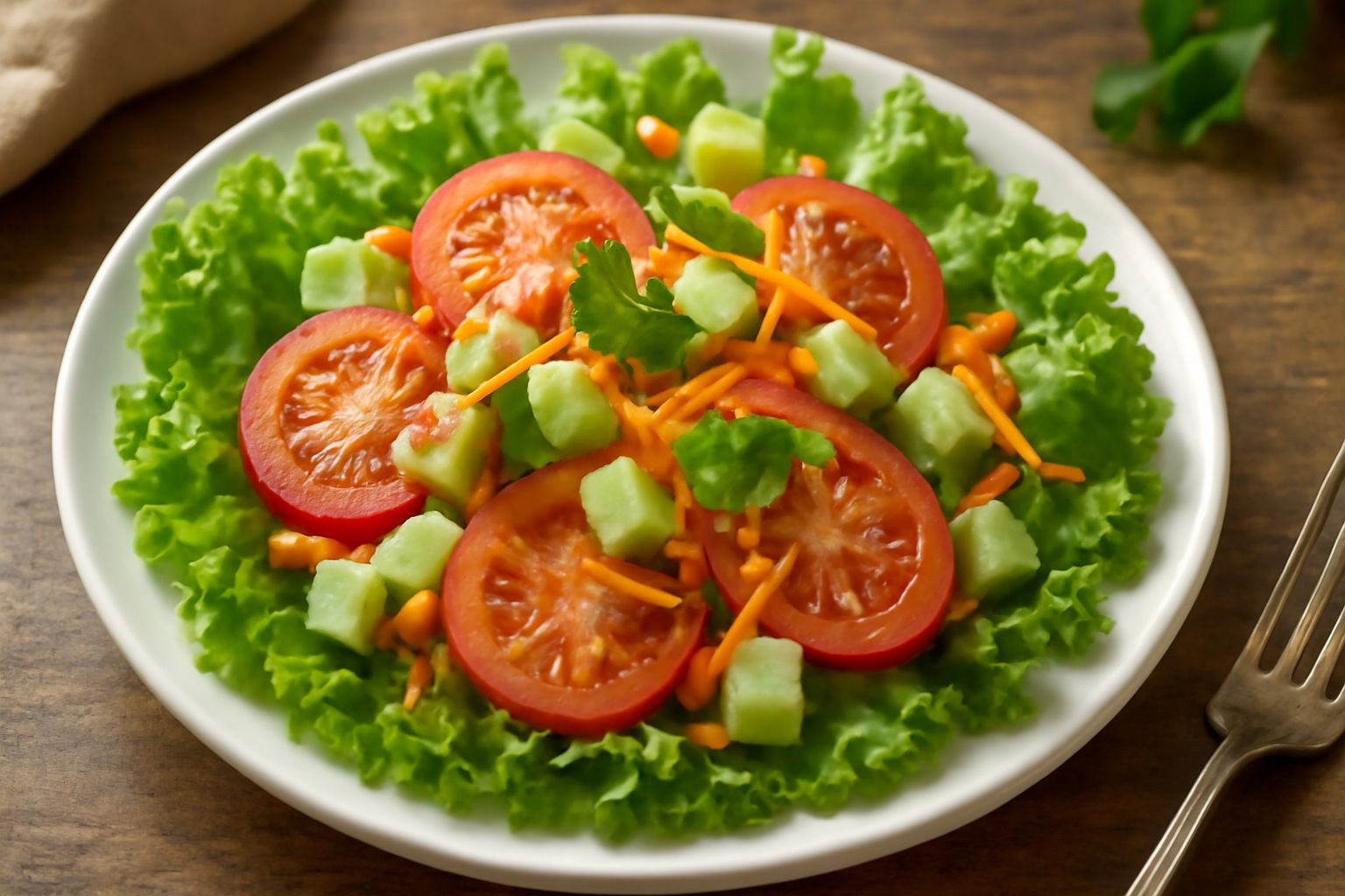 Salade di lattuga verde, pomodori rossi, cetrioli bianchi e carote arancioni tagliate irregolarmente in una ciotola bianca, con condimento leggero e foglie di prezzemolo fresco sparso in superficie