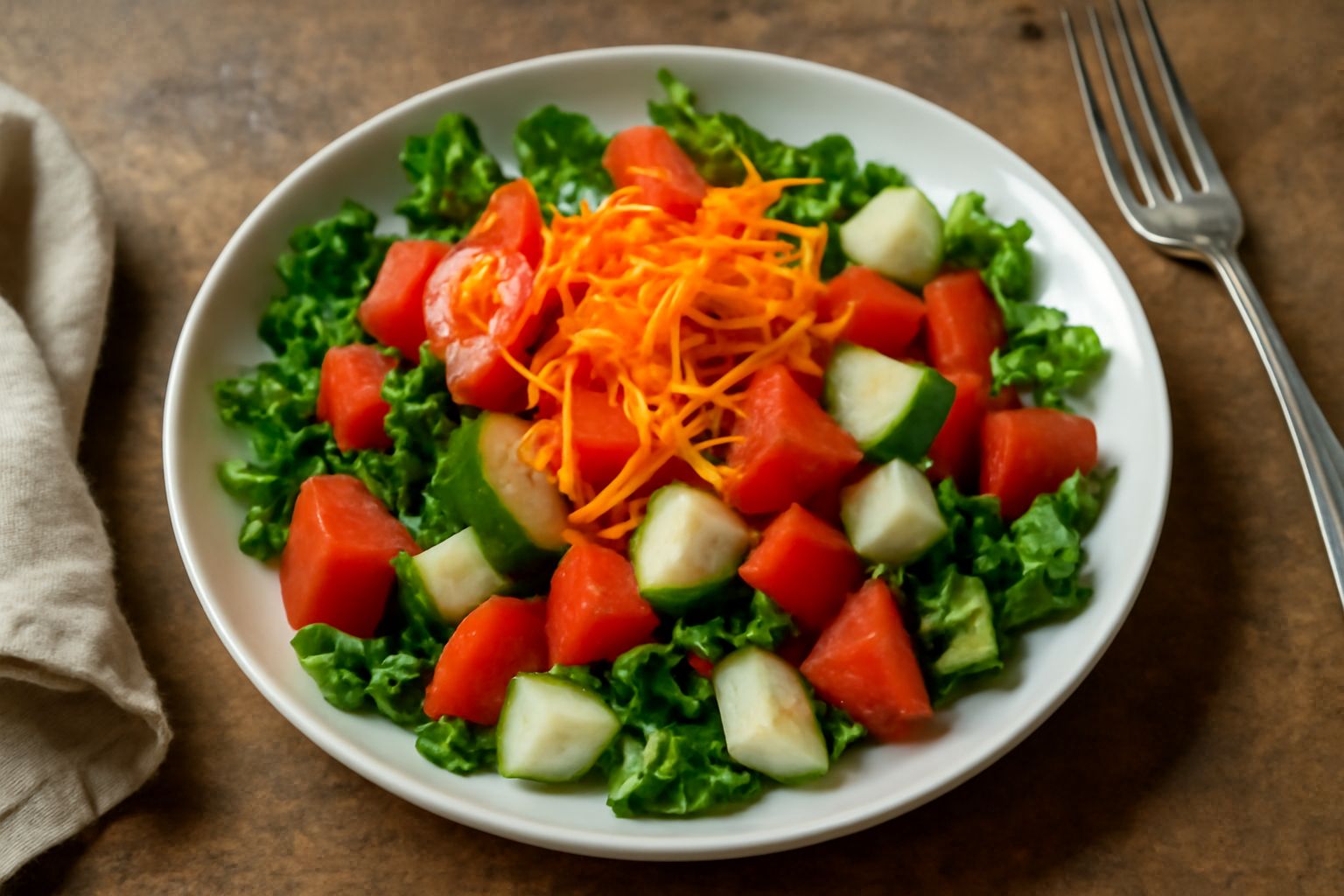Insalata mista di verdure crude in una ciotola bianca: lattuga verde, pomodori rossi, cetrioli e carote affettate, condita con olio e sale grosso visibile