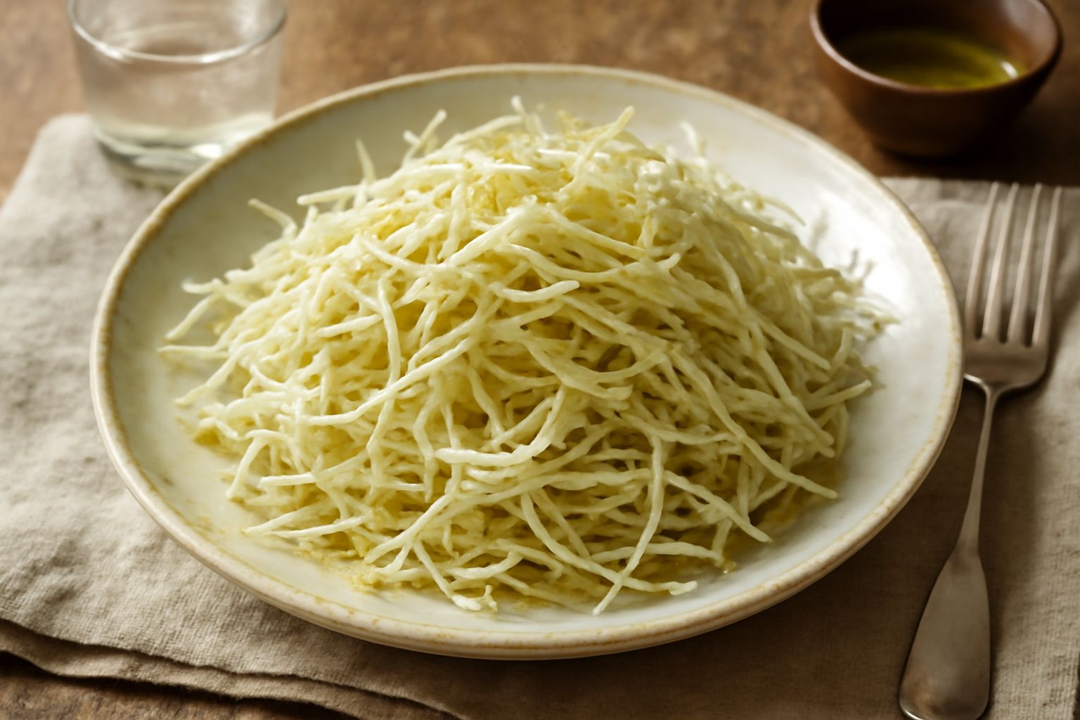 Insalata di germogli di soia bianchi e croccanti in una ciotola bianca, con verdure fresche verdi, fettine di cetriolo e condimento trasparente, sul tavolo con limone fresco accanto