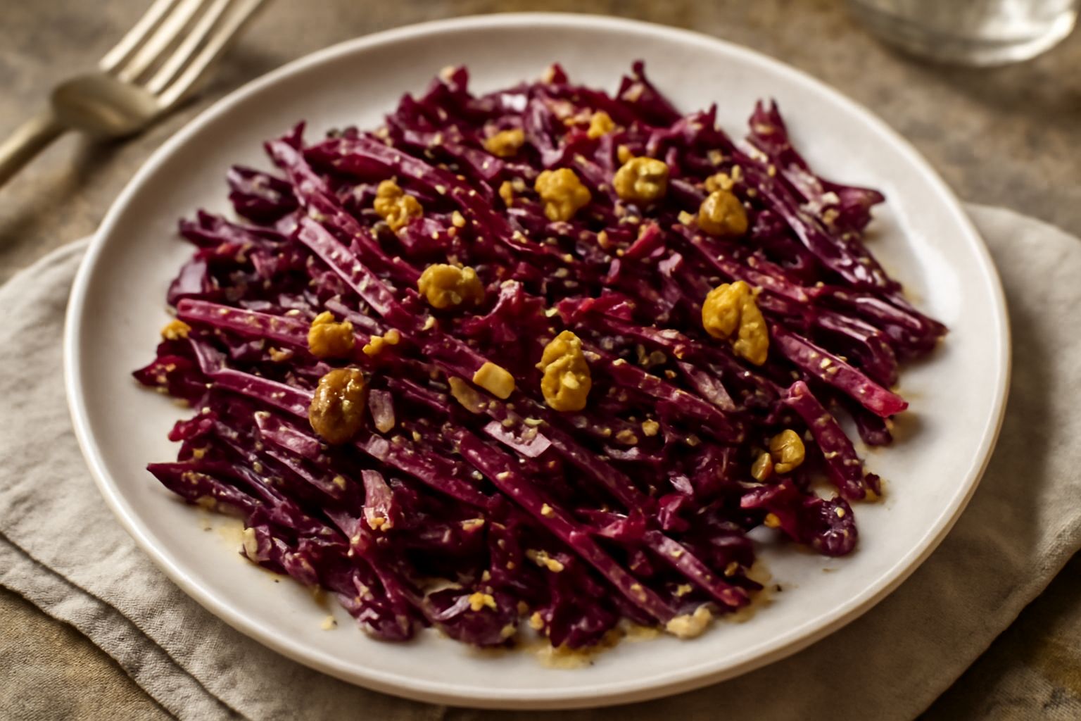 Insalata di radicchio rosso tagliato a striscioline sottili, disposto in una ciotola bianca con gocce di olio lucido, guarnito con noci sgusciate sparse e cristalli di sale grosso visibili