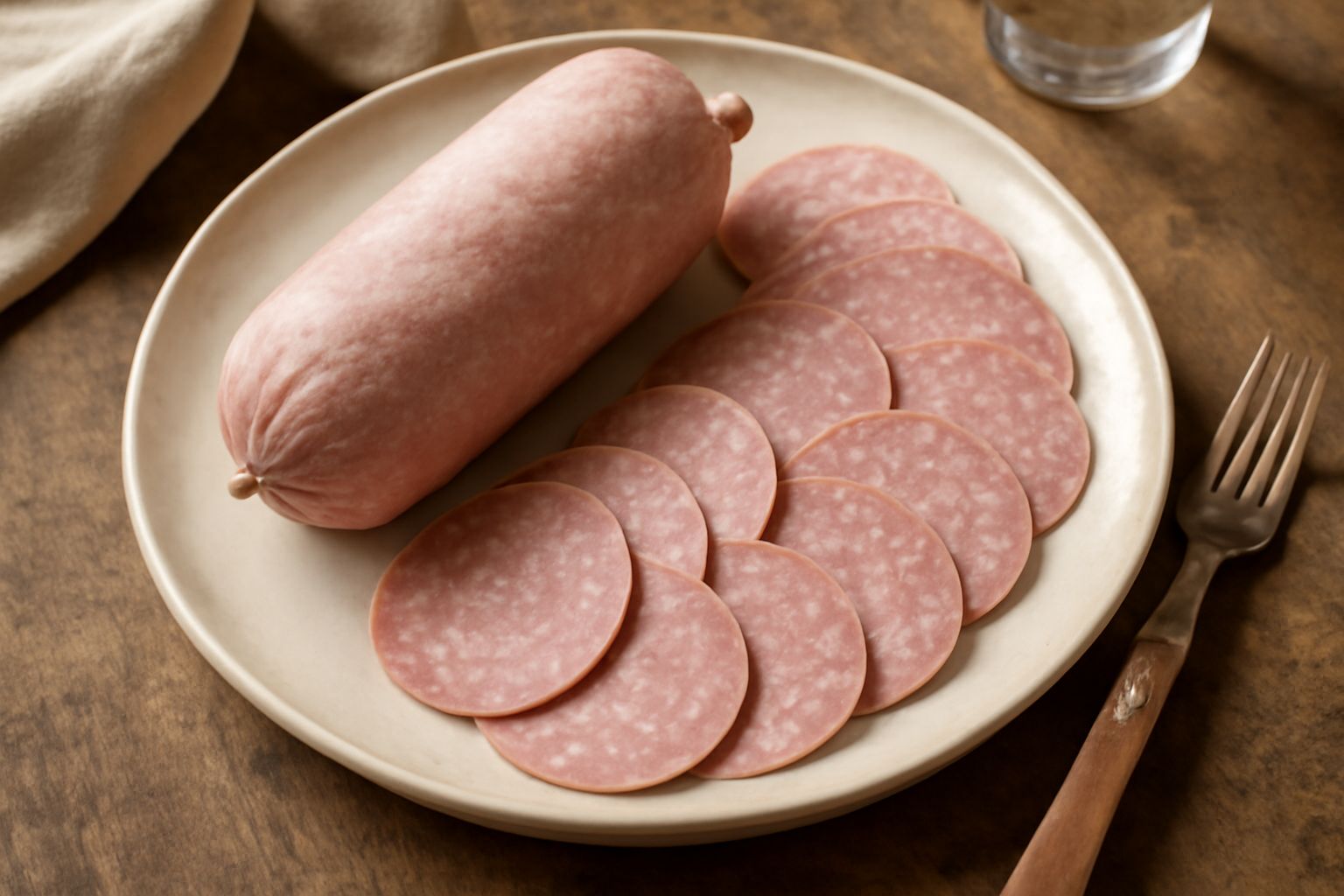 Affettato di «salam d'la cà» su un tagliere di legno con fette sottili e colore rosa uniforme, accanto a una fetta di pane tostato e un bicchiere di vino bianco