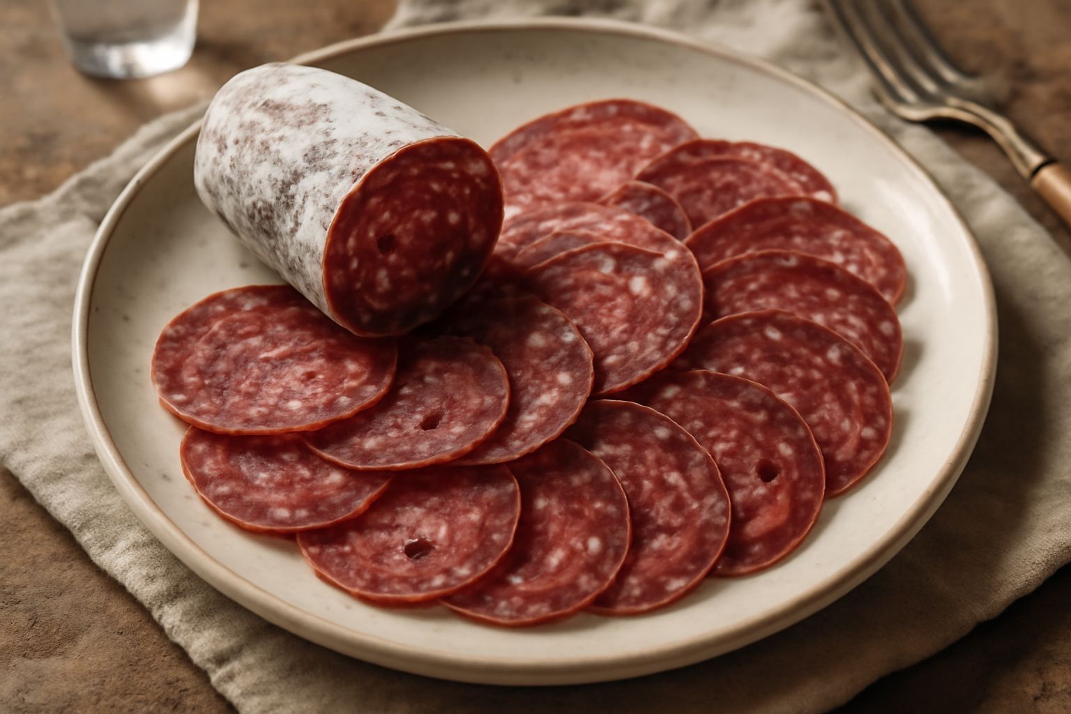 Salam d'la dzora affettato, fette sottili di colore rosso-marrone con grani di pepe visibili, disposto su un tagliere di legno con un bicchiere di vino bianco