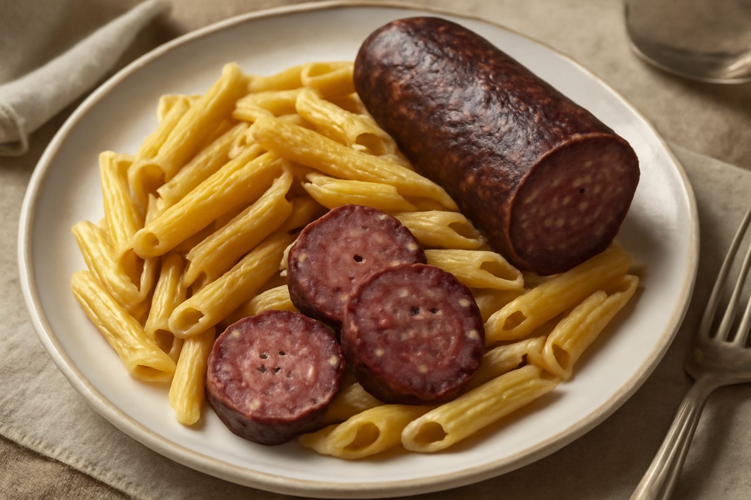 Salam fumà affumicato marrone scuro, fette tagliate su tavolo di legno, superficie asciutta e lievemente ruvida, con patina di fumo, circondate da aglio, pepe e salvia fresca