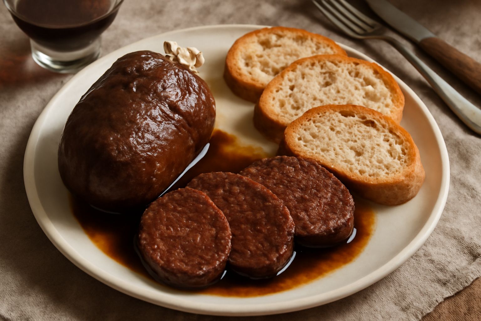 Salama da sugo affettata su un piatto bianco, con fette dorate di colore marrone intenso, accompagnata da pane toscano non salato e una ciotola di brodo fumante sullo sfondo