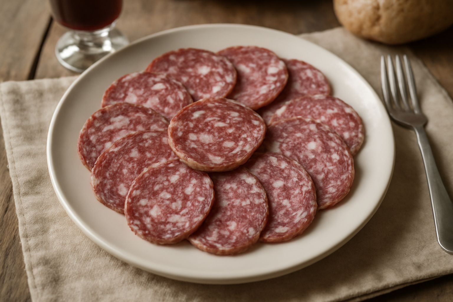 Fette sottili di salama da sugo rosa scuro disposte leggermente sovrapposte su un piatto bianco, con pane tostato e verdure crude accanto, sfondo grigio chiaro