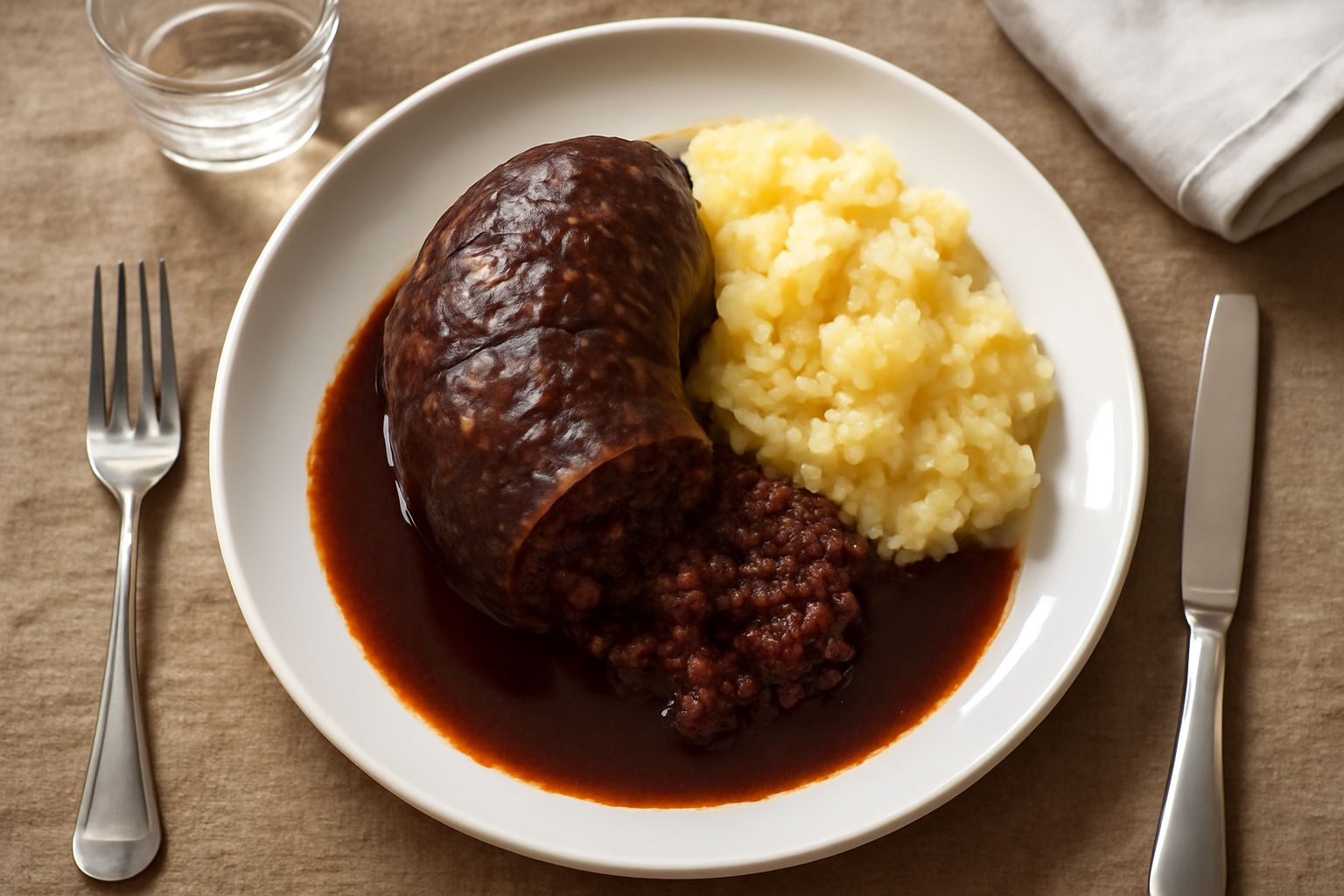Salama da sugo affettata sottilmente su un piatto bianco con patate bollite e aceto balsamico tradizionale in sottofondo