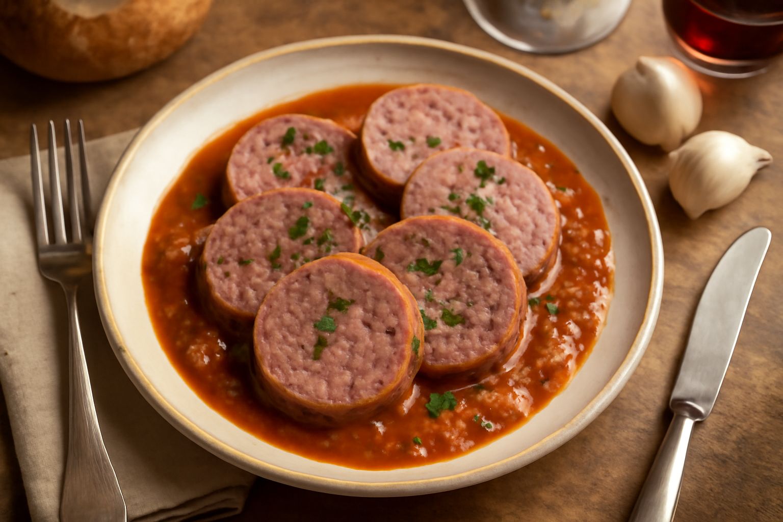 Fette di salame all'aglio tagliate su un tagliere di legno, superficie marmorizzata di bianco e rosso scuro, con aglio fresco sbucciato sullo sfondo e pane tostato