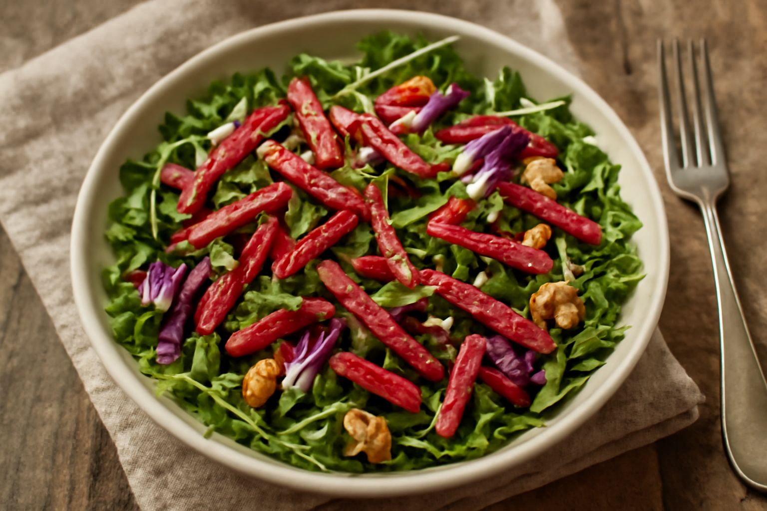 Insalata in ciotola bianca con listarelle di salame ascolano rosso scuro, rucola verde brillante, radicchio rosso a striscioline sottili e noci spezzettate, condita con olio dorato