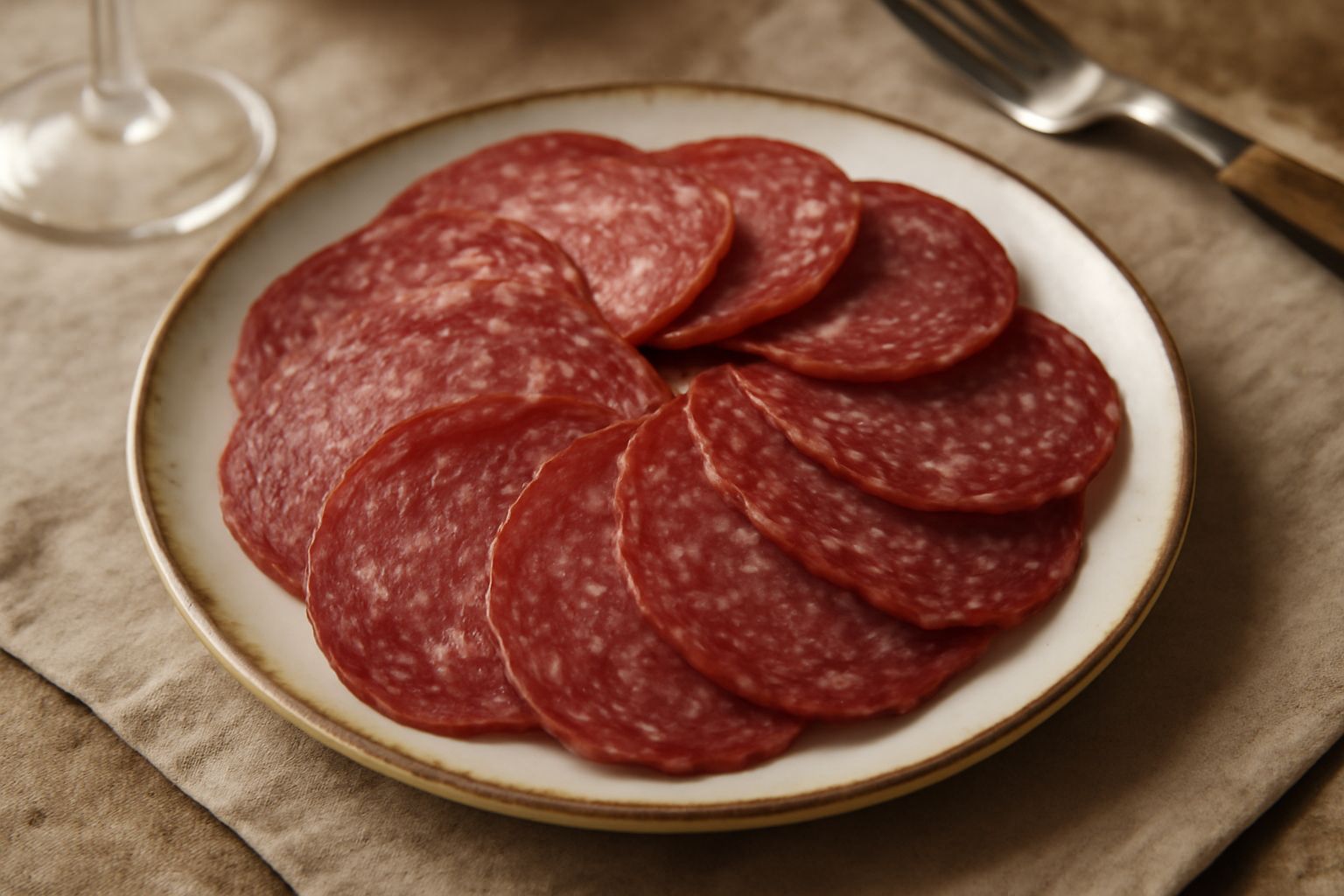 Fette di Salame d'Asti rosso scuro con grana fine, disposte a ventaglio su un tagliere di legno bianco, con pane toscano e sottaceti sfocati sullo sfondo