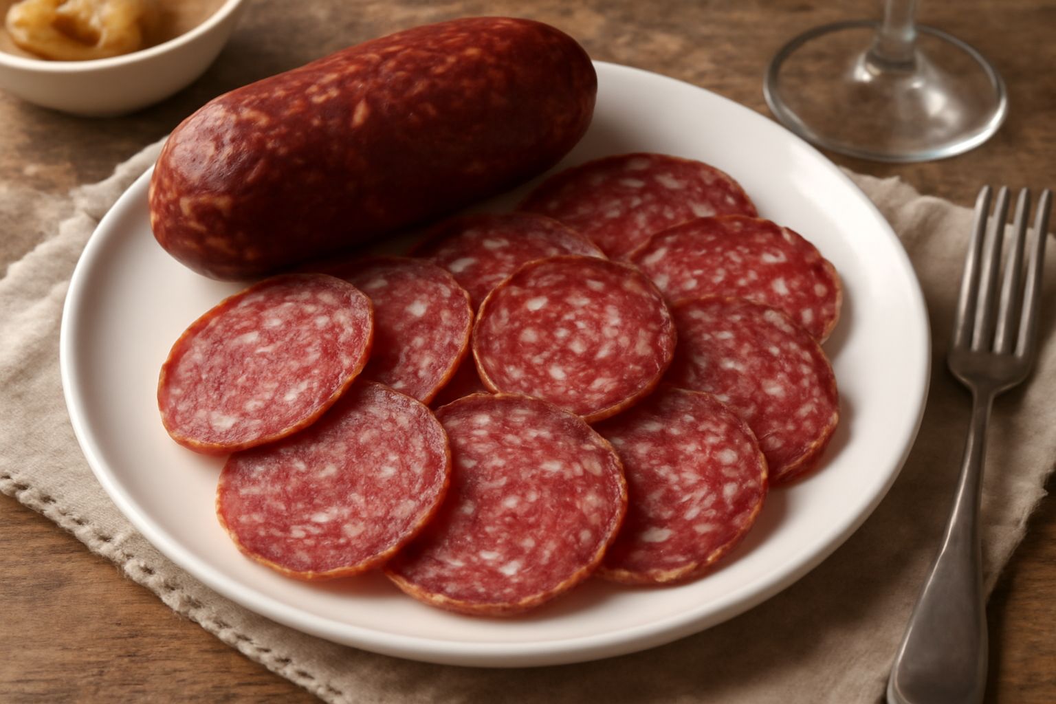 Fette di salame della Duja tagliate sottili su tavolo di legno, con sfondo di grasso di maiale color avorio e erbe aromatiche secche sparse accanto