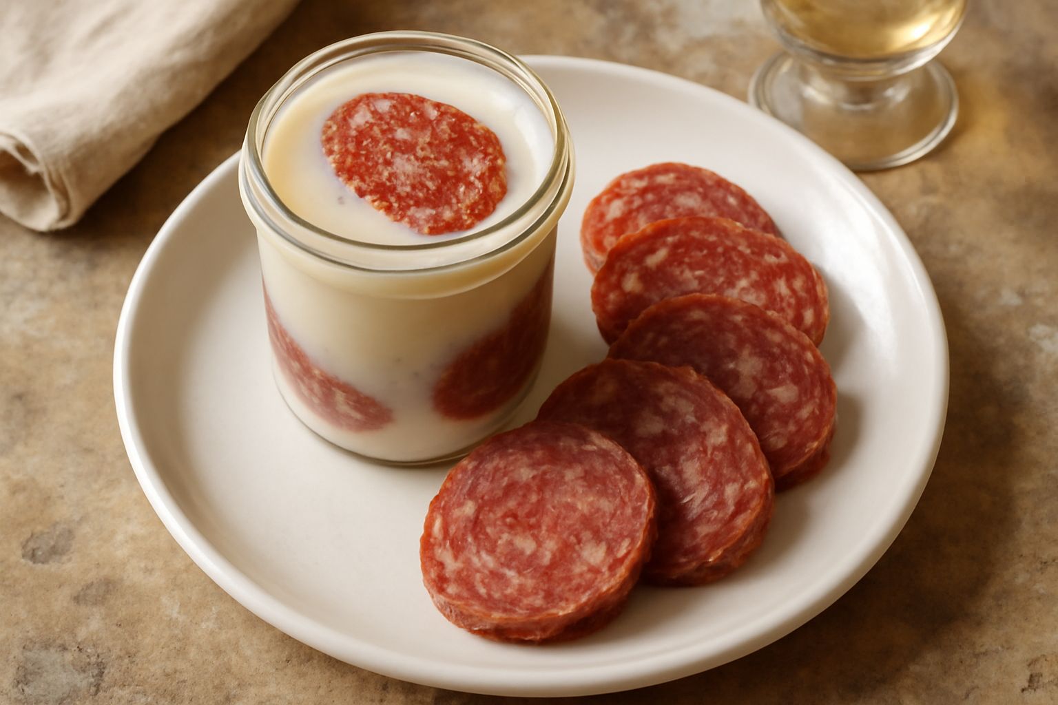 Vasetto di vetro con salame della duja affettato immerso in grasso bianco trasparente, su tavolo di legno con pane casareccio di sfondo