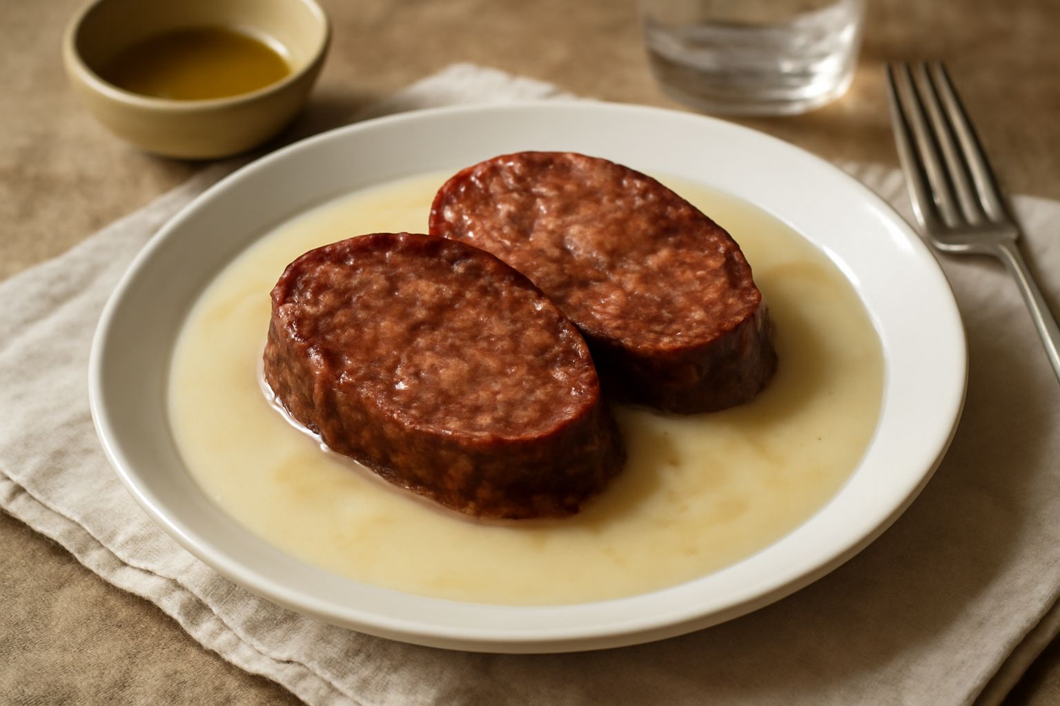 Salame della duja affettato su un piatto bianco, con fette trasparenti di grasso dorato intorno, coltello da affettare e una ciotola di senape in sottofondo
