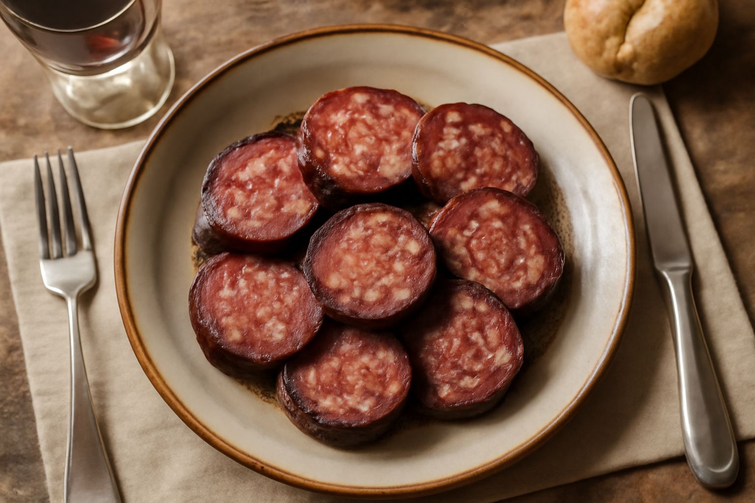 Salame d'la duja affettato in un piatto bianco, fette rosate e croccanti circondate da una patina di grasso, accanto a una duja di terracotta marrone con salame interno coperto di grasso bianco