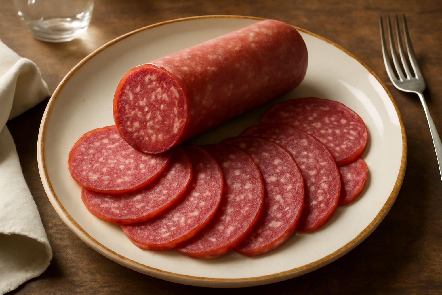 Fette di salame della punta tagliate diagonalmente su un tagliere di legno, di colore rosso intenso con striature bianche di grasso, accompagnate da pane tostato e rosmarino fresco