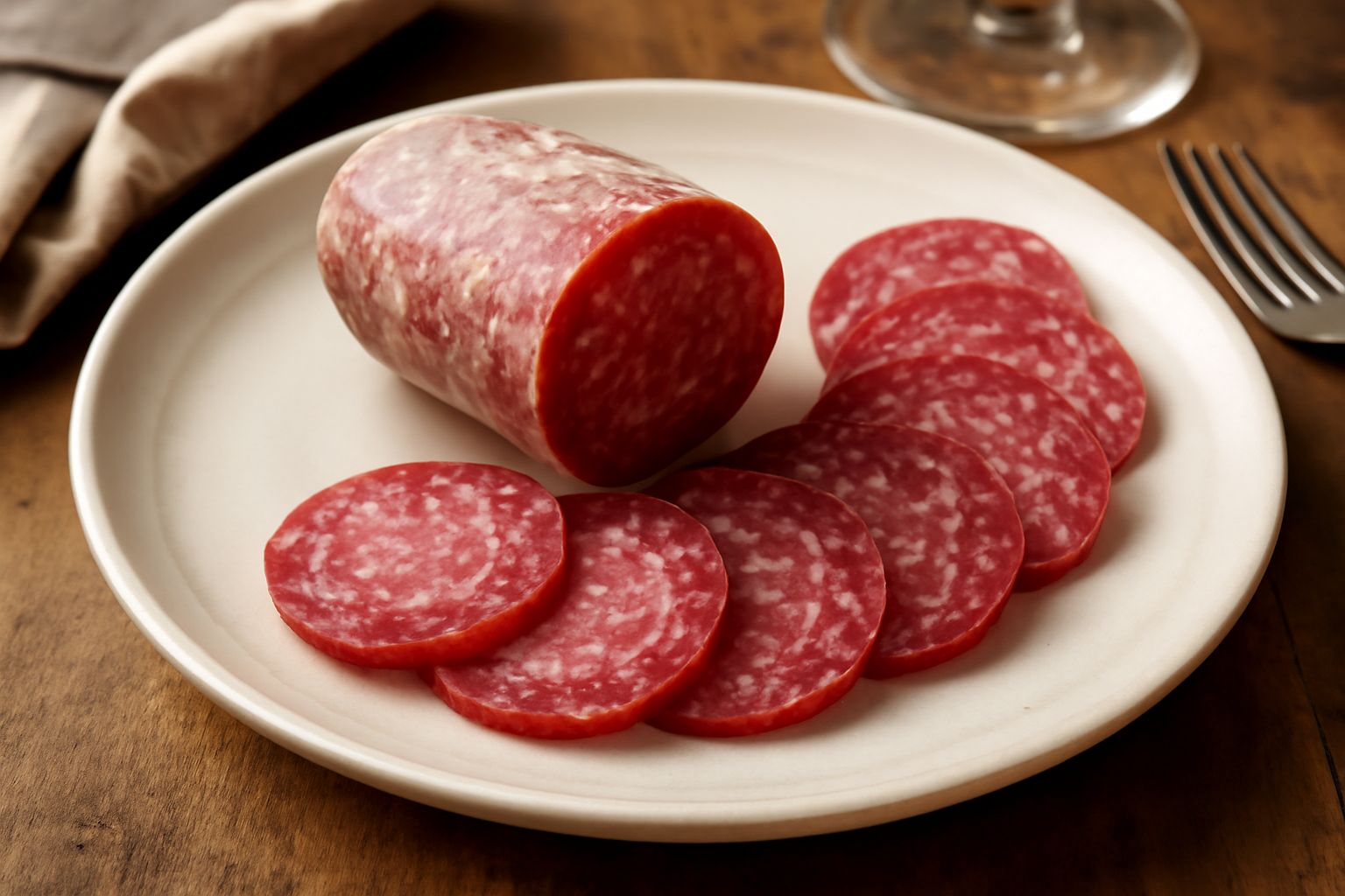 Fettine di salame della Val di Non tagliate finemente su un tagliere di legno, con colore rosa acceso, marezzatura bianca visibile, piatto di ceramica bianca sullo sfondo e una coppa di vino rosso