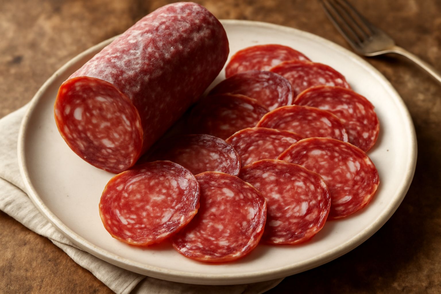 Fette di salame della valle tagliate di spessore uniforme su un tagliere di legno, con colore rosso scuro marmorizzato, sfondo di spezie secche e aglio