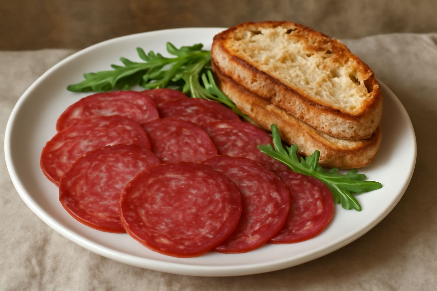 Fette sottili di salame dell'Alto Adige rosso rubino con grana fine su piatto bianco, accompagnate da pane casereccio tostato e bicchiere di vino rosso locale