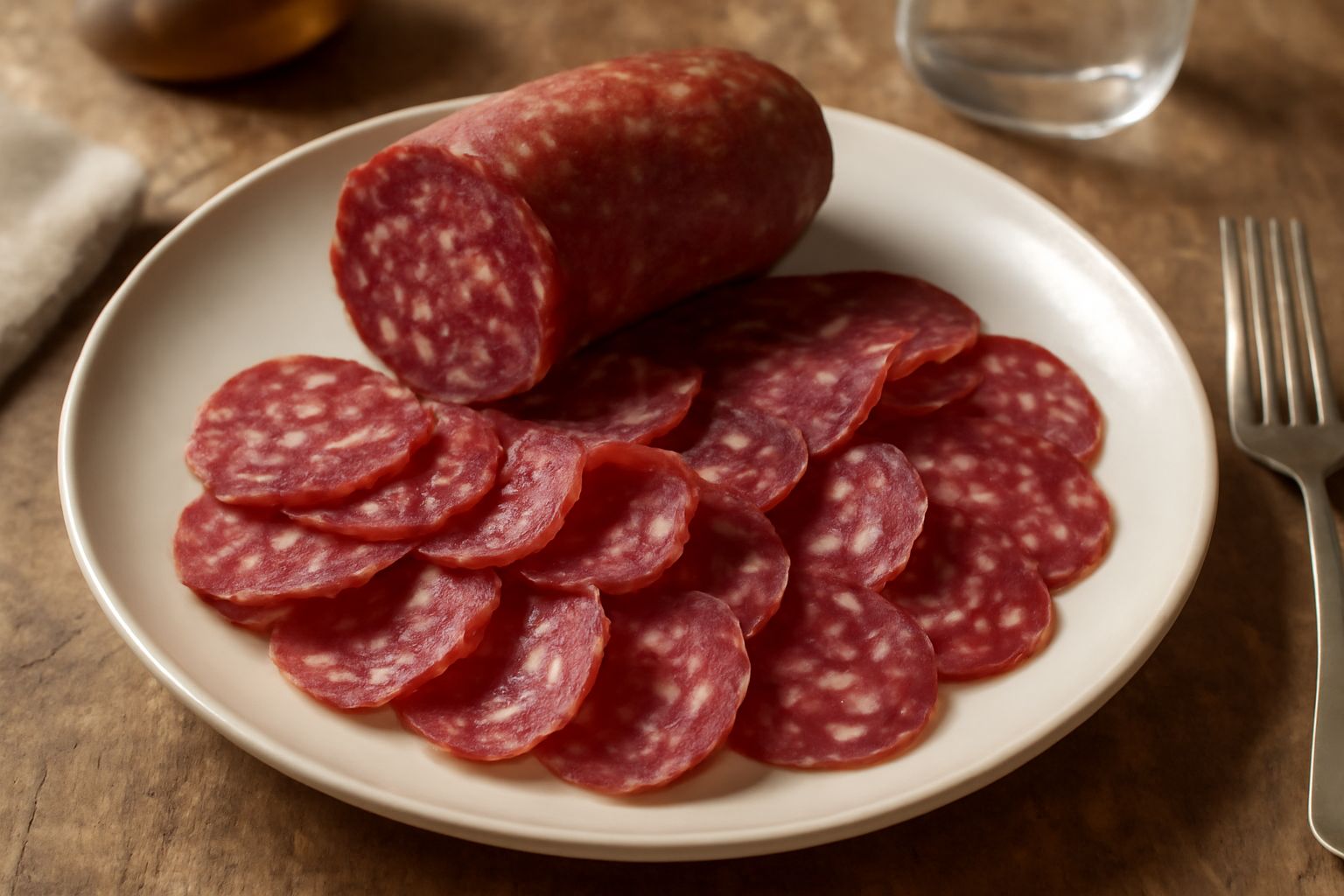 Salame di Arnad affettato su un tagliere di legno, fette circolari rosso scuro con striature bianche di grasso, accanto a pane tostato e bicchiere di vino rosso