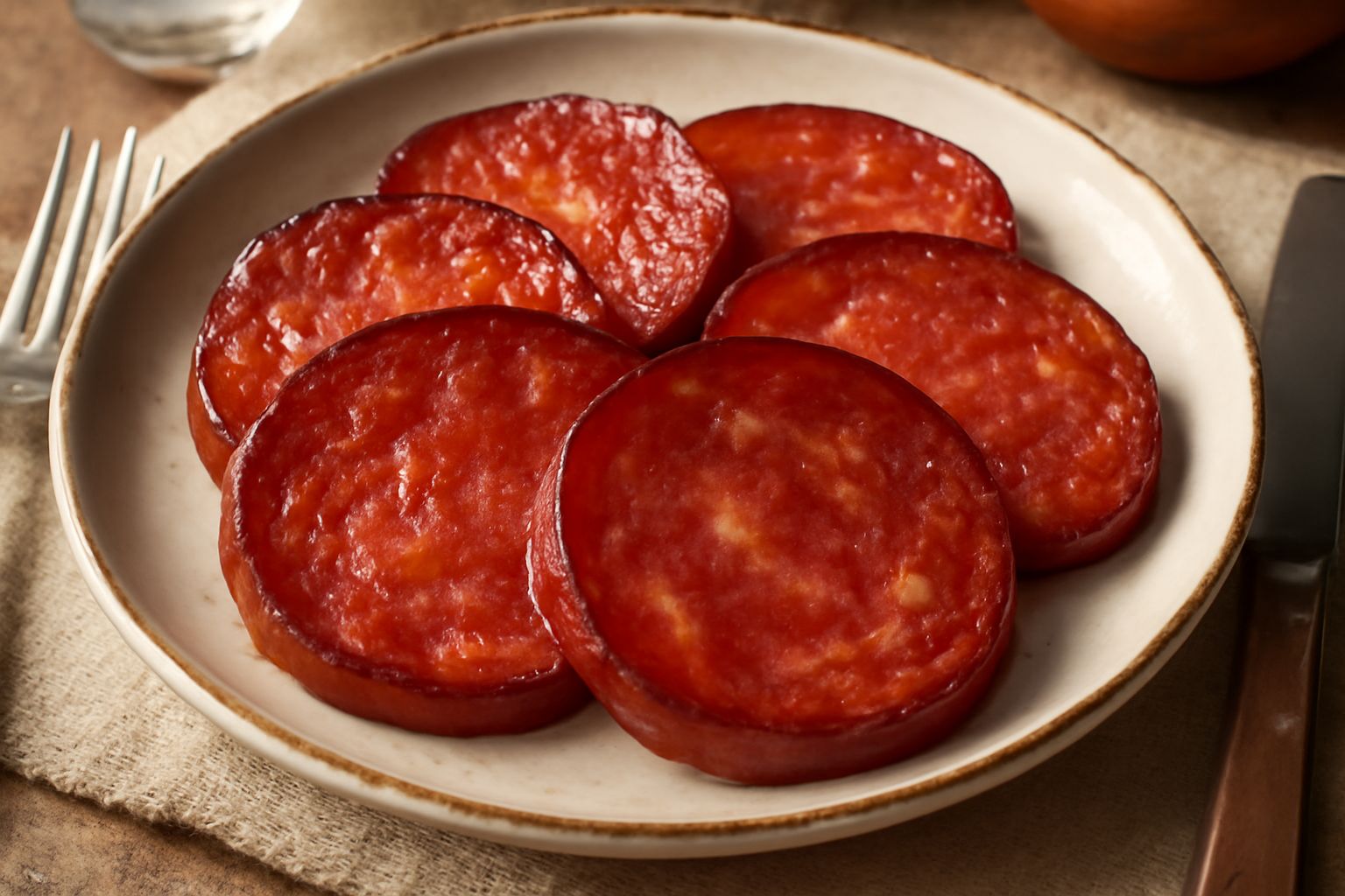 Fette di salame di Avellino arrosto servite nel piatto, con crosta bruno-dorata e lucida, carne rossa al taglio, contorno di verdure grigliate leggermente appassite, pane tostato ai lati
