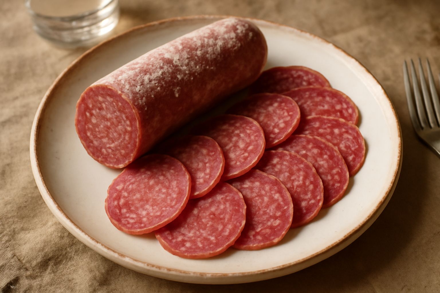 Fette sottili di Salame di Bergamo disposte a raggiera su un tagliere di legno, con la grana fine visibile e il colore rosso scuro, accanto a pane tostato e una piccola ciotola di senape