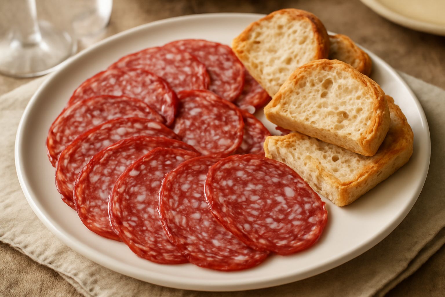 Fette di Salame di Bologna dal colore rosso intenso e marezzatura bianca di grasso, disposte a ventaglio su un tagliere di legno con pane toscano, olive verdi e sottaceti in bicchiere
