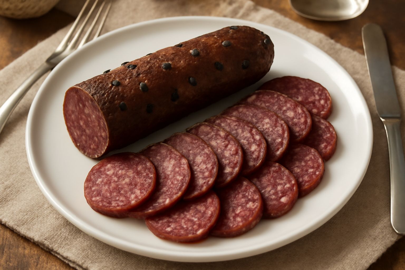 Fette di salame di Bolzano affumicato su un tagliere di legno: superficie marrone scuro, grani di pepe visibili, colore rosso interno omogeneo, spessore di circa mezzo centimetro